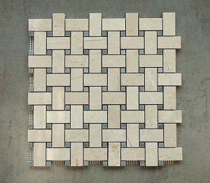 Crema Marfil Basketweave with Grey Dot 1 in. x 2 in. Polished Marble Mosaic Tile | Bathroom | Kitchen | Shower | Wall | Backsplash 