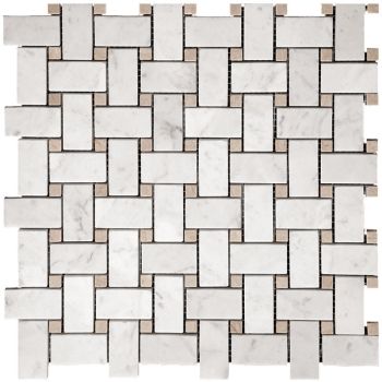 12x12 Plaza Bianco Carrara Marble White & Beige Basketweave Mosaic Tile
