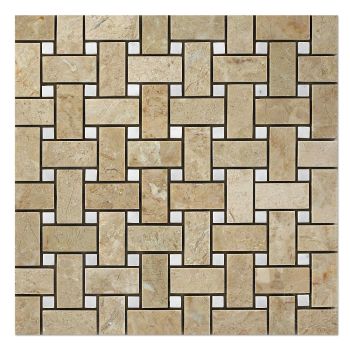 1x2 Basketweave Bursa Beige Polished Marble with Miles White Dot Mosaic Tile