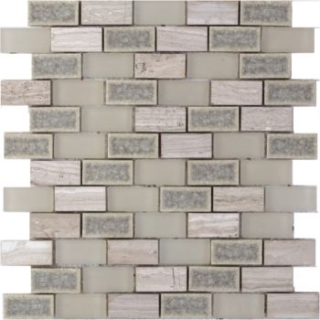 1x2 Brick Pattern Light Grey Marble, Light Grey Frosted Glass & Grey Crackle Glass Mosaic Tile