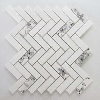 1x3 Herringbone White With Black Flower Dolomite Marble Mosaic Tile