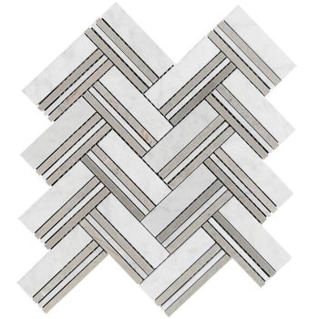Raya Bianco Carrara Marble White & Beige Herringbone Mosaic Tile