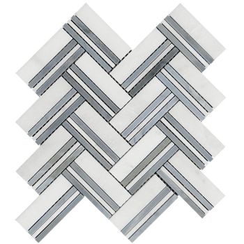 Raya Azul Eastern White & Blue Herringbone Mesh Mounted Mosaic Tile