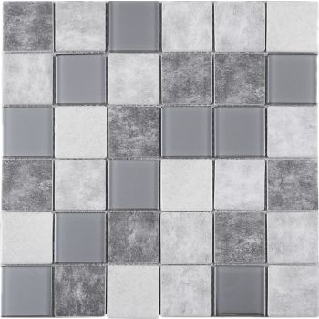 Boomberg Grey & Ivory Glass and Recycle Glass Mesh Mounted Mosaic Tile