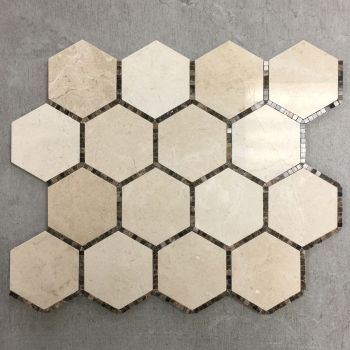 3" x 3" Beige Marble with Dark Emperador Honeycomb Polished Marble Mosaic Tile