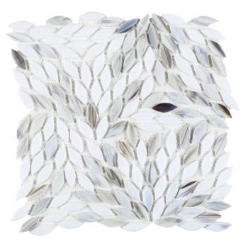 11x11 Newport Dawn Leaf Pattern Pure White & Light Brown Stained Glass Mosaic Tile