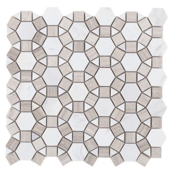 Aether Loft White Volakas Marble Mixed with Haisa Marble in Curcle Shape Polished Mosaic Tile