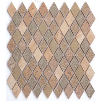 Diamond Pattern Multicolor Crackle Glass Mixed with Beige Lime Stone and Resin Decor Mosaic Tile