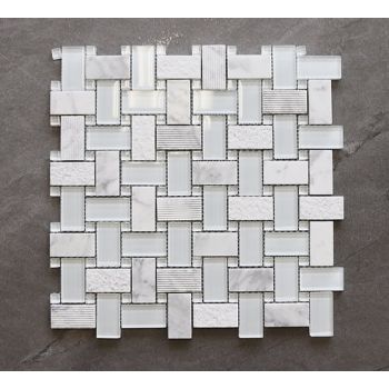 1 in. x 2 in. Basketwave White Multi Finish Glass & Marble Mosaic Tile  | Wall | Bathroom | Shower | Kithcen | Backsplash