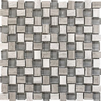 Balinese Wooden Grey Marble White Glass Mosaic Tile