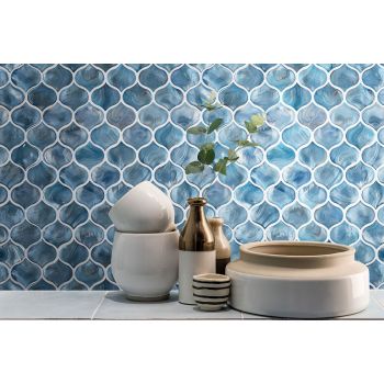 3" x 3" Blue Shimmer Arabesque Glass Mosaic Wall Tile