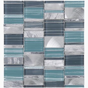 Blue Brickmax Mixed Finish Marble, Aluminum & Glass Mosaic Tile | Backsplash | Shower | Kitchen | Bathroom | Wall 