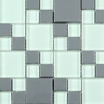 Stainless Steel & Soft White Glossy Glass Mosaic Tile | Backsplash | Wall | Bathroom | Kitchen | Shower