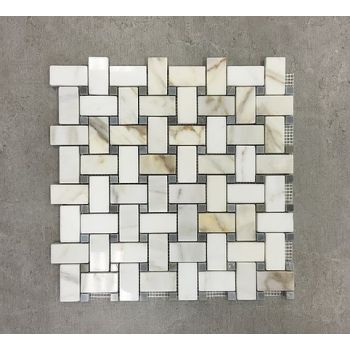 1 in. x 2 in. Basketweave with Grey Dot Calacatta Gold Polished Marble Mosaic Tile | Wall | Backsplash | Bathroom | Kitchen | Shower
