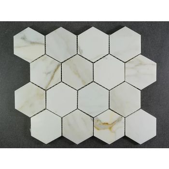 3" Calacatta Gold Hexagon Pattern Polished Marble Mosaic Tile | Wall | Backsplash | Bathroom | Kitchen | Shower