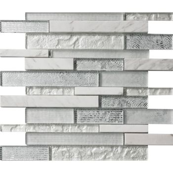 Tundra White & Silver Interlocking Pattern Glass and Stone Mosaic Tile
