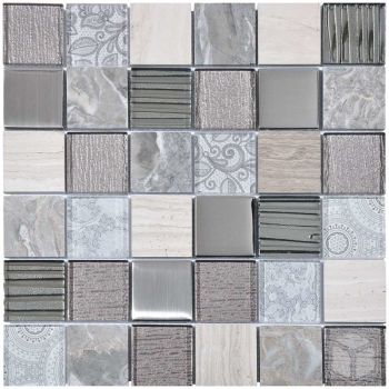 2x2 Grey Element Square Pattern Glass, Marble and Metal Mosaic Tile