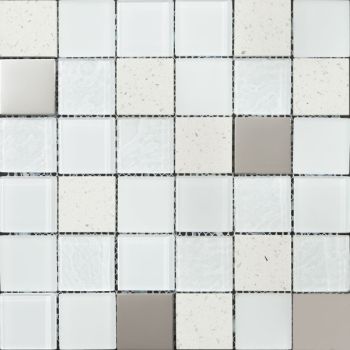 2x2 White Element Square Pattern Glass, Marble and Metal Mosaic Tile