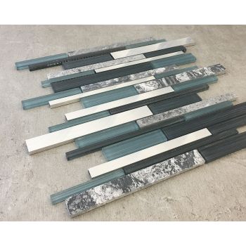 15 in. x 11 3/4 in. Random Strip Mix Finish Glass, Aluminum & Stone Mosaic Tile | Wall | Bathroom | Shower | Kitchen | Backsplash