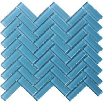 1 in. x 3 in. Turquoise Herringbone Polished Glass Mosaic Tile | Pool Rated | Wall | Floor | Kitchen | Shower