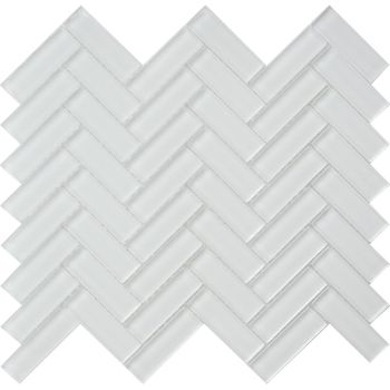 1 in. x 3 in. Mirage White Herringbone Polished Glass Mosaic Tile | Pool Rated | Wall | Floor | Bathroom | Kitchen | Shower