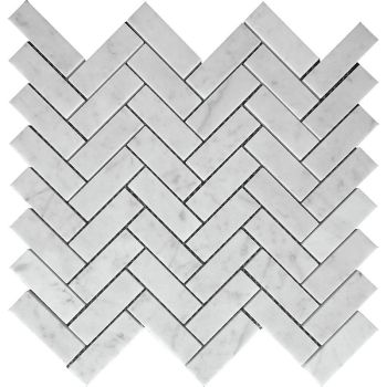 1" x 3" Bianco Carrara Marble White Herringbone Polished Mesh Mounted Mosaic Tile