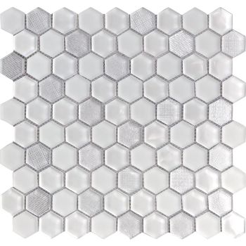 Geyser White & Grey Hexagon Pattern Glass Mosaic Tile