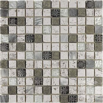 1x1 Imperium Silver Square Pattern Glass and Marble Mosaic Tile