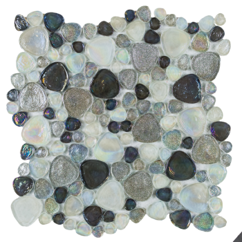  12x12 Pebble Pattern White and Multi-Grey Melted Glass Mosaic Tile