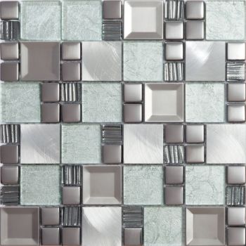 Frozen Kaos Random Square Pattern Glass, Metal and Marble Mosaic Tile