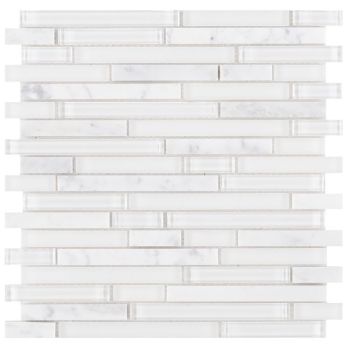 Linear Carrara White Marble Mixed with White Glass Offset Layout Mosaic Tile | Kitchen | Bathroom | Shower | Wall | Backsplash