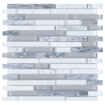 Linear Montage Grey A Mix Of Carrara White, Bardiglio Marble & Grey Glass Mosaic Tile | Kitchen | Bathroom | Shower | Wall | Backsplash