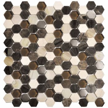 1x1 Hexagon Living Brown Glass and Marble Mosaic Tile