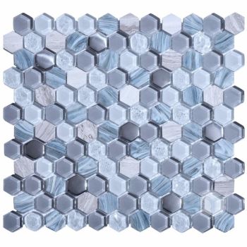 1x1 Hexagon Living Grey Glass and Marble Mosaic Tile