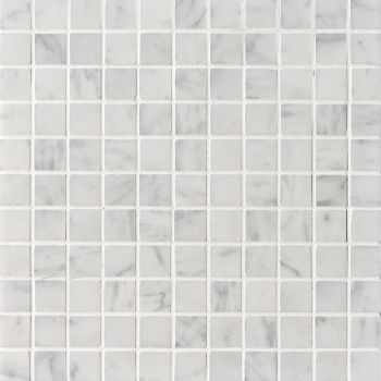 1" x 1" Arabescato White Carrara Marble Square Pattern Polished Mesh Mounted Mosaic Tile
