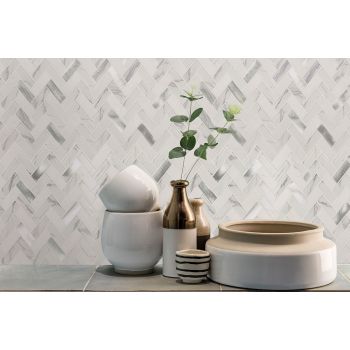 Bytle Bianco Herringbone Stone Glass Metal Blend White Mosaic Tile | Wall | Backsplash | Accent Wall | Bathroom | Kitchen | Shower | Fireplace | Countertop