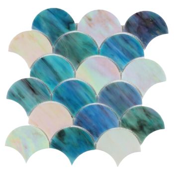 9.5x9.75 Newport Sky Fish Scale Pattern White & Blue Glass Mosaic Tile