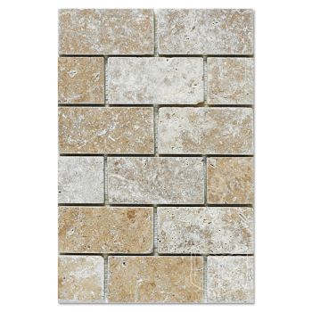 2x4 Noce Travertine Brick Pattern Tumbled Mesh Mounted Mosaic Tile