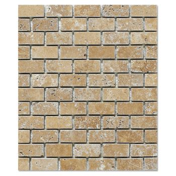 1x2 Noce Travertine Brick Pattern Tumbled Mesh Mounted Mosaic Tile