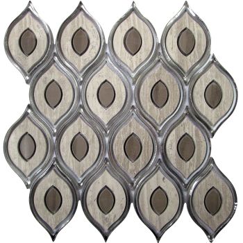 Peacock Wooden Grey Marble Waterjet Glass Mosaic Tile