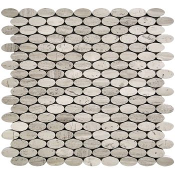 Quenelle Wooden Grey Penny Round Mesh Mounted Marble Mosaic Tile