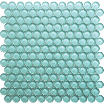 1 in. x 1 in. Aqua Blue Penny Round Glass Mosaic Tile | Pool Rated | Wall | Floor | Kitchen | Shower