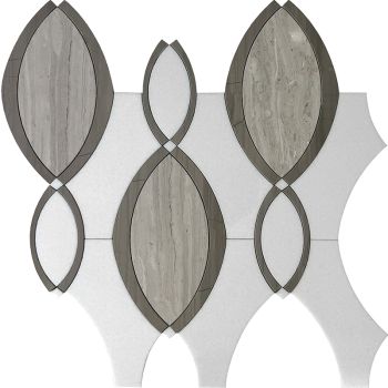 Raindrop Wooden Grey and Athens Grey Marble Waterjet Glass Mosaic Tile