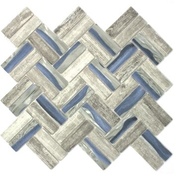 1 in. x 3 in. Wooden Blue Herringbone Pattern Recycle Glass Mosaic Tile | Backsplash | Wall | Bathroom | Kitchen 