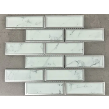 2" x 6" Mist White Random Brick Glass & Silver Glazed Edge Glass Mosaic Tile | Wall | Bathroom | Shower | Kitchen | Backsplash | Accent Wall