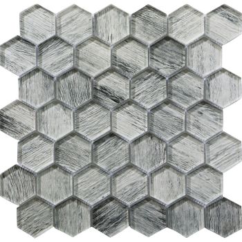 Silver Pine Hex Wooden Grey Glass Mosaic Tile