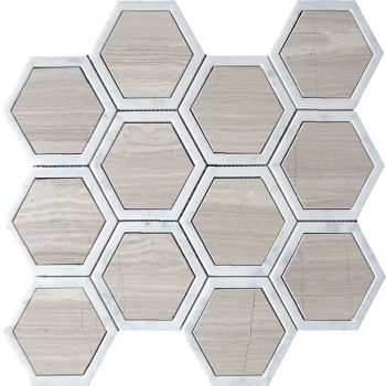 Largo Bianco Carrara & Wooden Grey Hexagon Marble Mosaic Tile