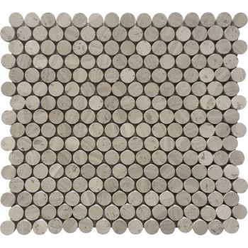 Wooden Grey Penny Round Mesh Mounted Polished Marble Mosaic Tile