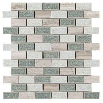 1x2 Brick Pattern Grey Marble Mixed with White & Blue Crackle Glass Mosaic Tile
