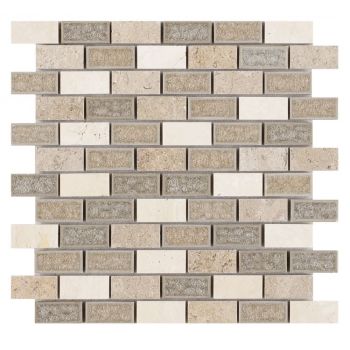 1x2 Brick Pattern Multi-Color Crackled Glass & Lime Stone Mosaic Tile